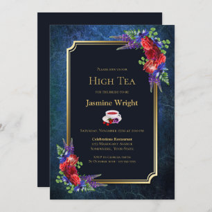 Invitación Navy Blue Burgundy Floral Bridal High Tea
