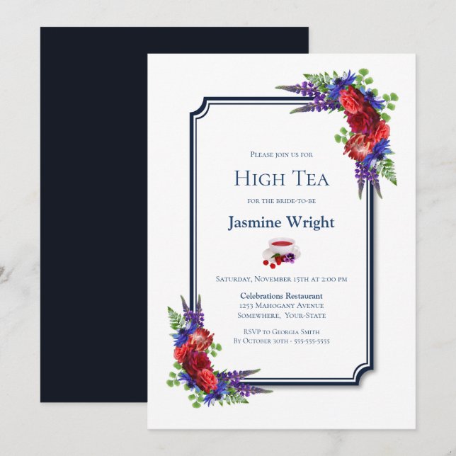 Invitación Navy Blue Burgundy Floral Bridal High Tea (Anverso / Reverso)