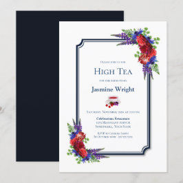 Invitación Navy Blue Burgundy Floral Bridal High Tea