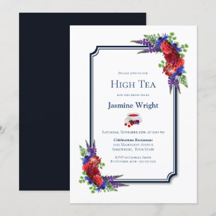 Invitación Navy Blue Burgundy Floral Bridal High Tea