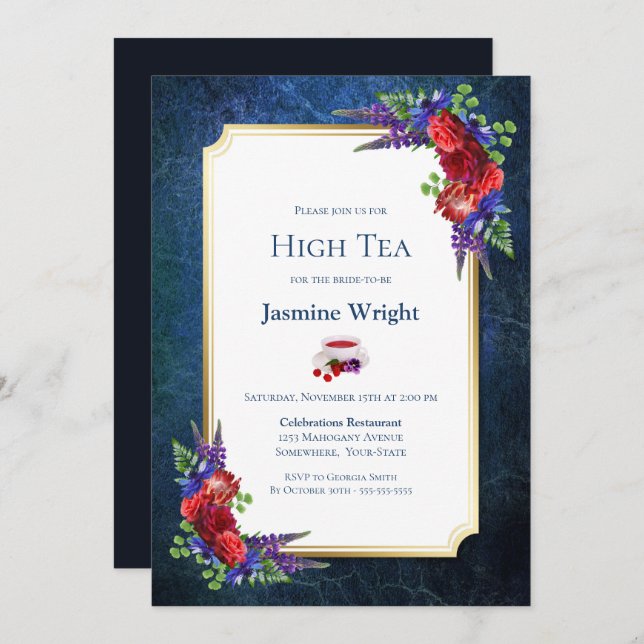 Invitación Navy Blue Burgundy Floral Bridal High Tea (Anverso / Reverso)