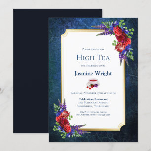 Invitación Navy Blue Burgundy Floral Bridal High Tea