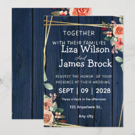 Invitación Navy Blue Burgundy Gold Blush wood Wedding 