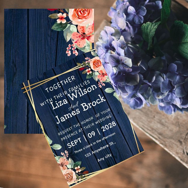 Invitación Navy Blue Burgundy Gold Blush wood Wedding  (Subido por el creador)