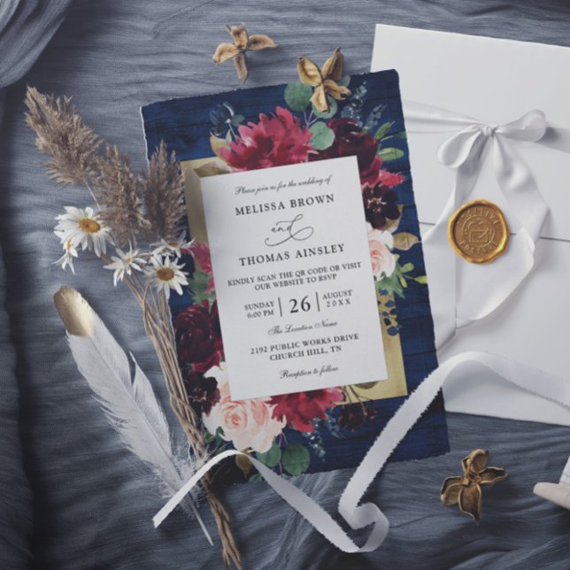 Invitación Navy Blue Burgundy Rustic Budget QR Code Wedding (Subido por el creador)