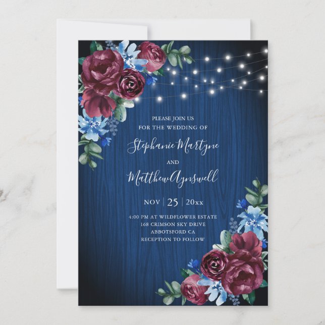 Invitación Navy Blue Burgundy String ilumina a Boda floral (Anverso)