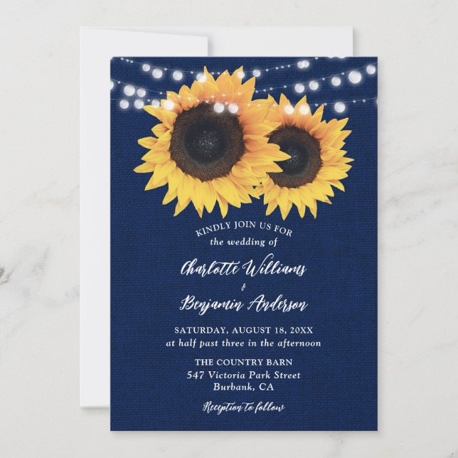 Invitación Navy Blue Burlap String ilumina a Boda girasol (Anverso)