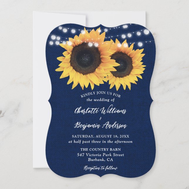 Invitación Navy Blue Burlap String ilumina a Boda girasol (Anverso)