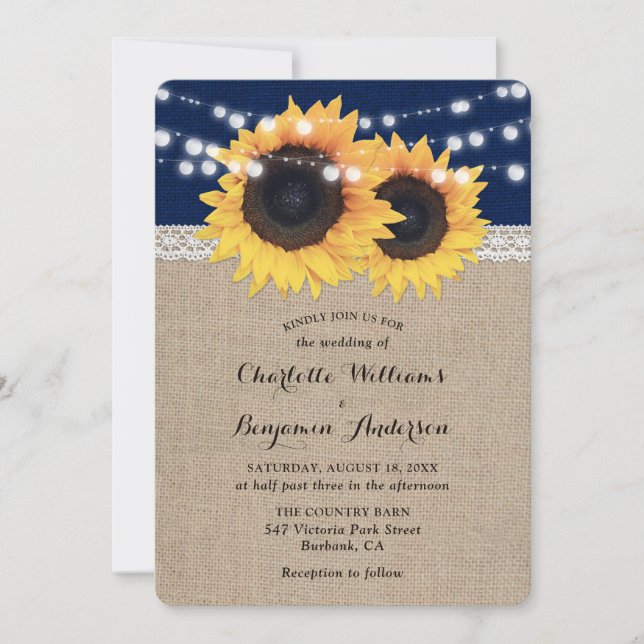 Invitación Navy Blue Burlap String ilumina a Boda girasol (Anverso)