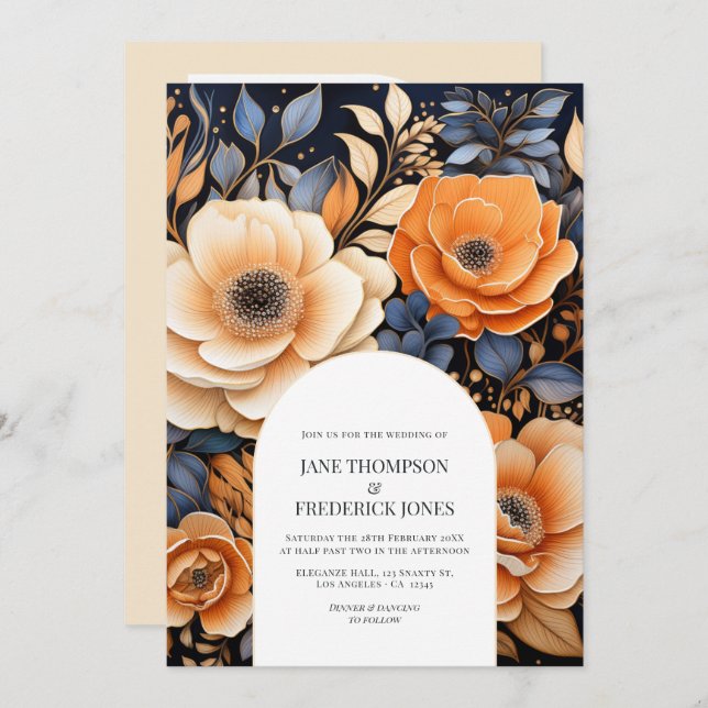 Invitación Navy Blue, Burnt Orange & Champagne Floral Wedding (Anverso / Reverso)