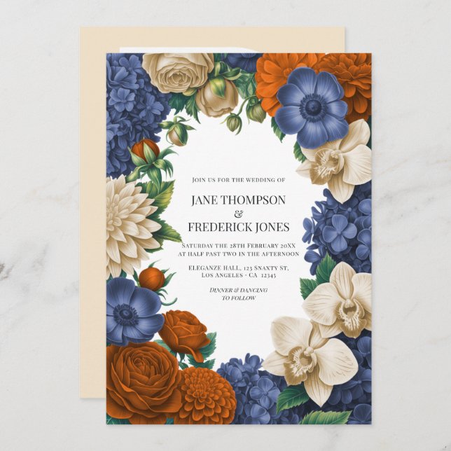 Invitación Navy Blue, Burnt Orange & Champagne Wedding (Anverso / Reverso)