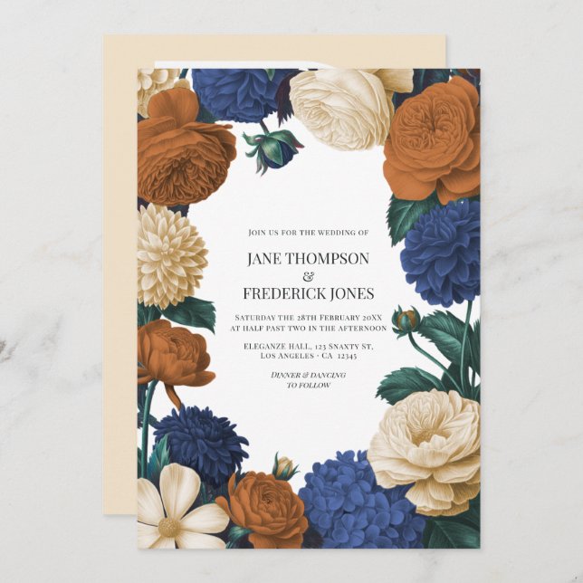 Invitación Navy Blue, Burnt Orange & Champagne Wedding (Anverso / Reverso)