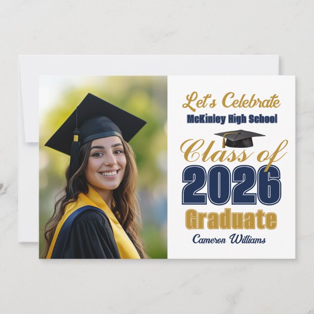 Invitación Navy Blue Class of 2026 Photo Graduation Party (Anverso)