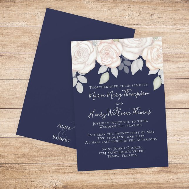 Invitación Navy Blue Classic Floral Elegant Wedding (Subido por el creador)