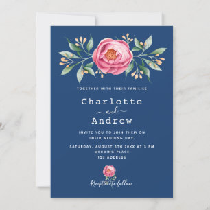 Invitación Navy Blue color rosa floral boda elegante