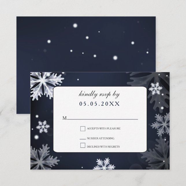 Invitación Navy Blue copos de nieve rsvp boda de invierno (Anverso / Reverso)