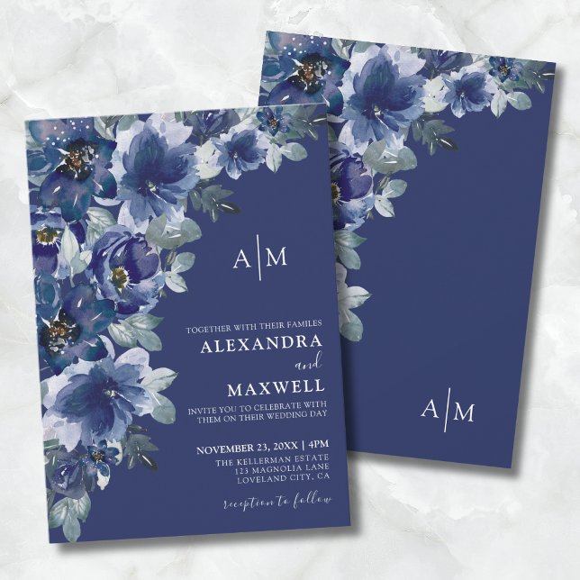 Invitación Navy Blue Dark Elegant Boda floral moderno (Navy Blue Dark Elegant Modern Floral Wedding Invitation)
