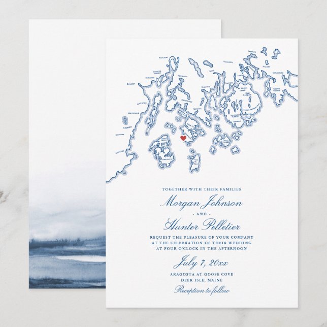 Invitación Navy Blue Deer Isle Maine Elegante Boda Aragosta (Anverso / Reverso)