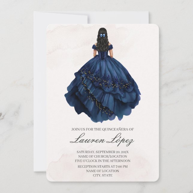 Invitación Navy Blue dress quinceañera (Anverso)