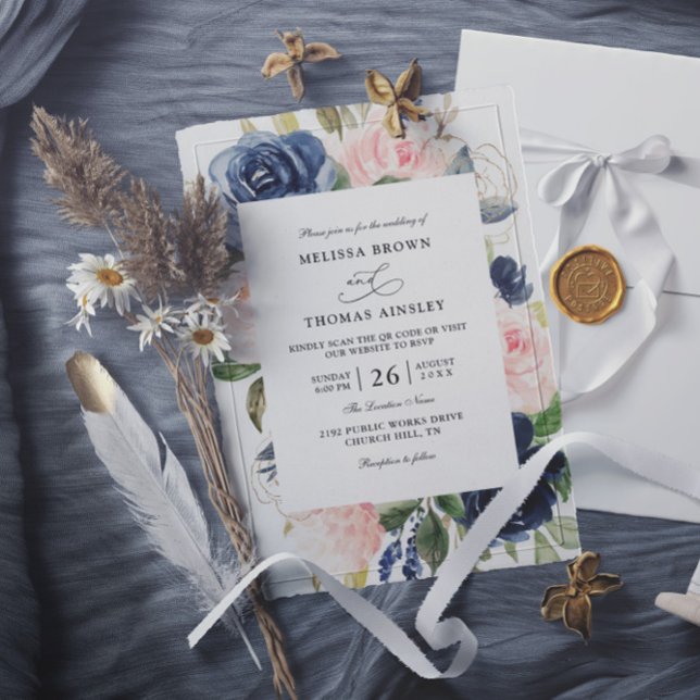 Invitación Navy Blue Dusty Floral Budget QR Code Wedding (Subido por el creador)