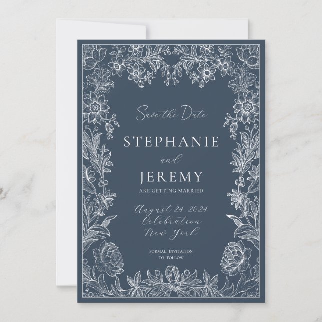 Invitación Navy Blue Elegant Botanical Save the Date (Anverso)
