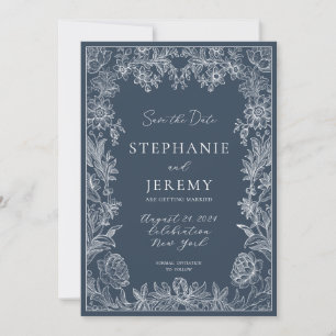 Invitación Navy Blue Elegant Botanical Save the Date