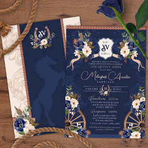 Invitación Navy Blue Elegant Charro Barroco Quinceanera