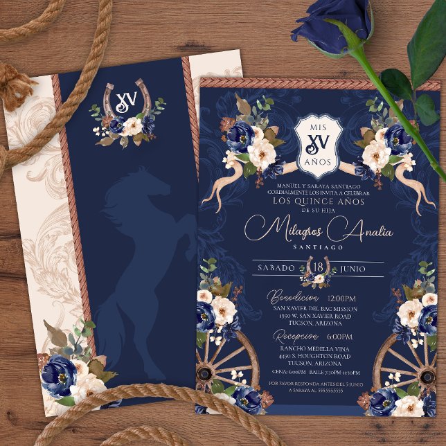 Invitación Navy Blue Elegant Charro Barroco Quinceanera (Subido por el creador)