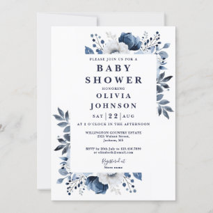 Invitación Navy Blue Elegant Country Floral Baby Shower