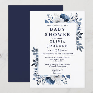 Invitación Navy Blue Elegant Country Floral Baby Shower