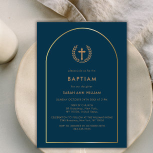 Invitación Navy Blue Elegant Gold Arch Wreath Cross Baptism