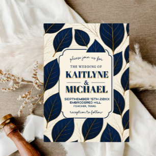 Invitación Navy blue elegant modern gold leaf luxury wedding