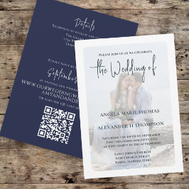 Invitación Navy Blue Elegant Photo QR Boda de código RSVP