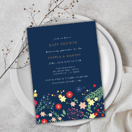 Invitación Navy Blue Elegant Wildflower Baby Shower