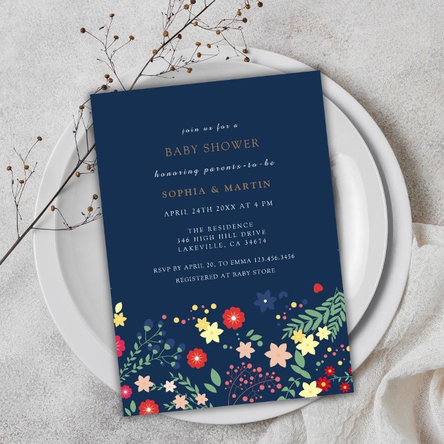 Invitación Navy Blue Elegant Wildflower Baby Shower (Navy Blue Elegant Wildflower Baby Shower Invitation)