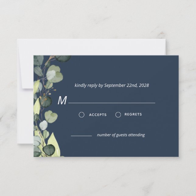 Invitación Navy Blue Eucalyptus Greenery RSVP Simple (Anverso)