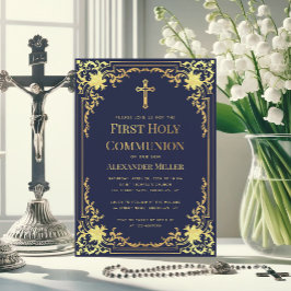 Invitación Navy Blue Faux Gold Elegant Boy Primera Comunión