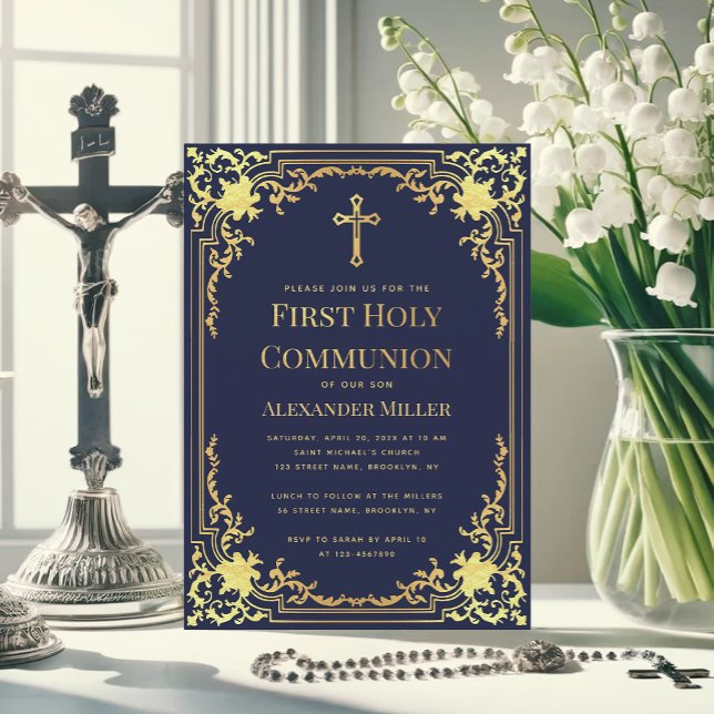 Invitación Navy Blue Faux Gold Elegant Boy Primera Comunión (Subido por el creador)