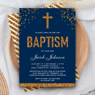 Invitación Navy Blue Faux Gold Purpurina Cross Royal Baptism