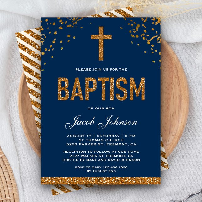 Invitación Navy Blue Faux Gold Purpurina Cross Royal Baptism (Subido por el creador)