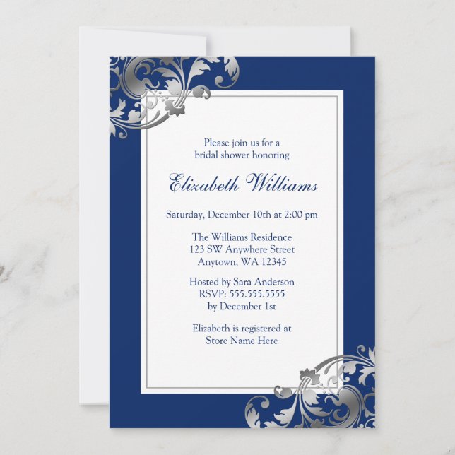 Invitación Navy Blue Faux Silver Flourirl Swirl Bridal Shower (Anverso)