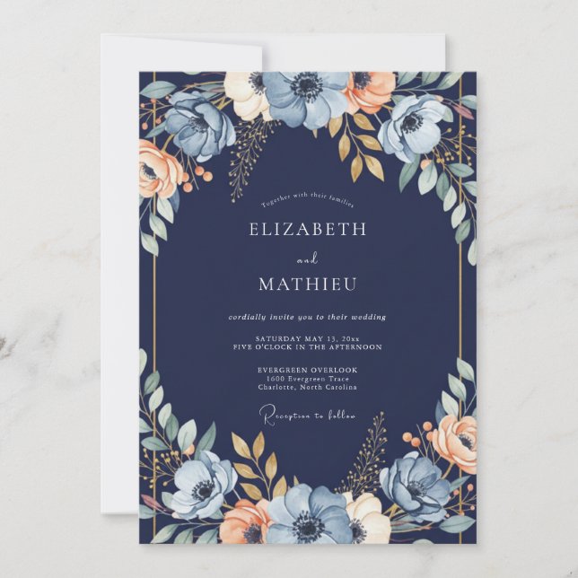 Invitación Navy Blue Floral Arch Wedding (Anverso)