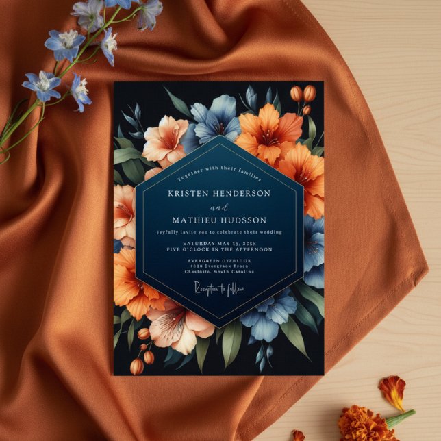 Invitación Navy Blue Floral Autumn Romance Wedding (Subido por el creador)