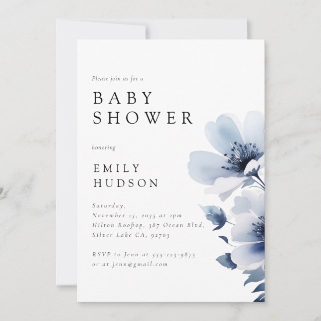 Invitación Navy Blue Floral Baby Shower (Anverso)