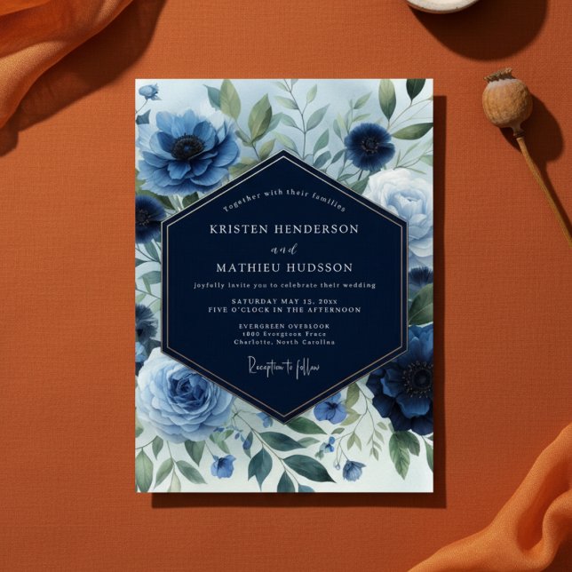 Invitación Navy Blue Floral Elegance Wedding (Subido por el creador)
