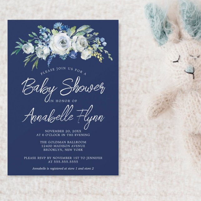 Invitación Navy Blue Floral Elegant Modern Boy Baby Shower (Subido por el creador)