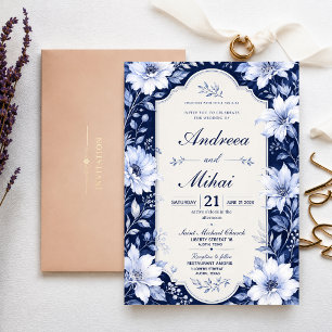 Invitación Navy Blue Floral Elegant White Flower Luxury