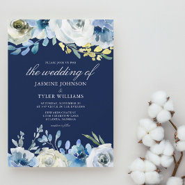 Invitación Navy Blue Floral Elegant Winter Wedding