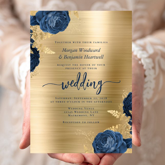Invitación Navy Blue Floral Gold Brushed Metal Wedding (Subido por el creador)