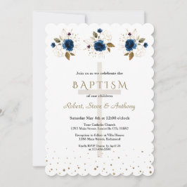 Invitación Navy Blue Floral Gold Triplets Boys Baptism  